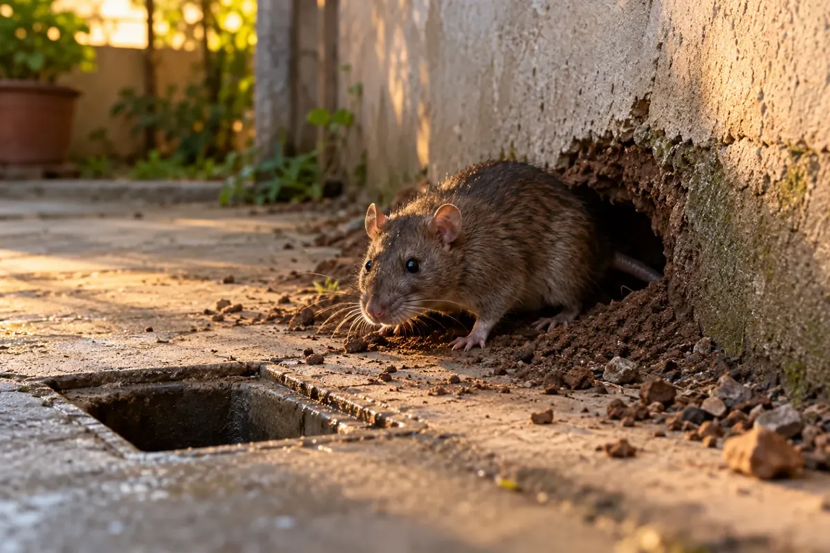 Ratazana saindo de uma toca cavada junto ao muro do quintal, ao lado de um ralo sem grelha