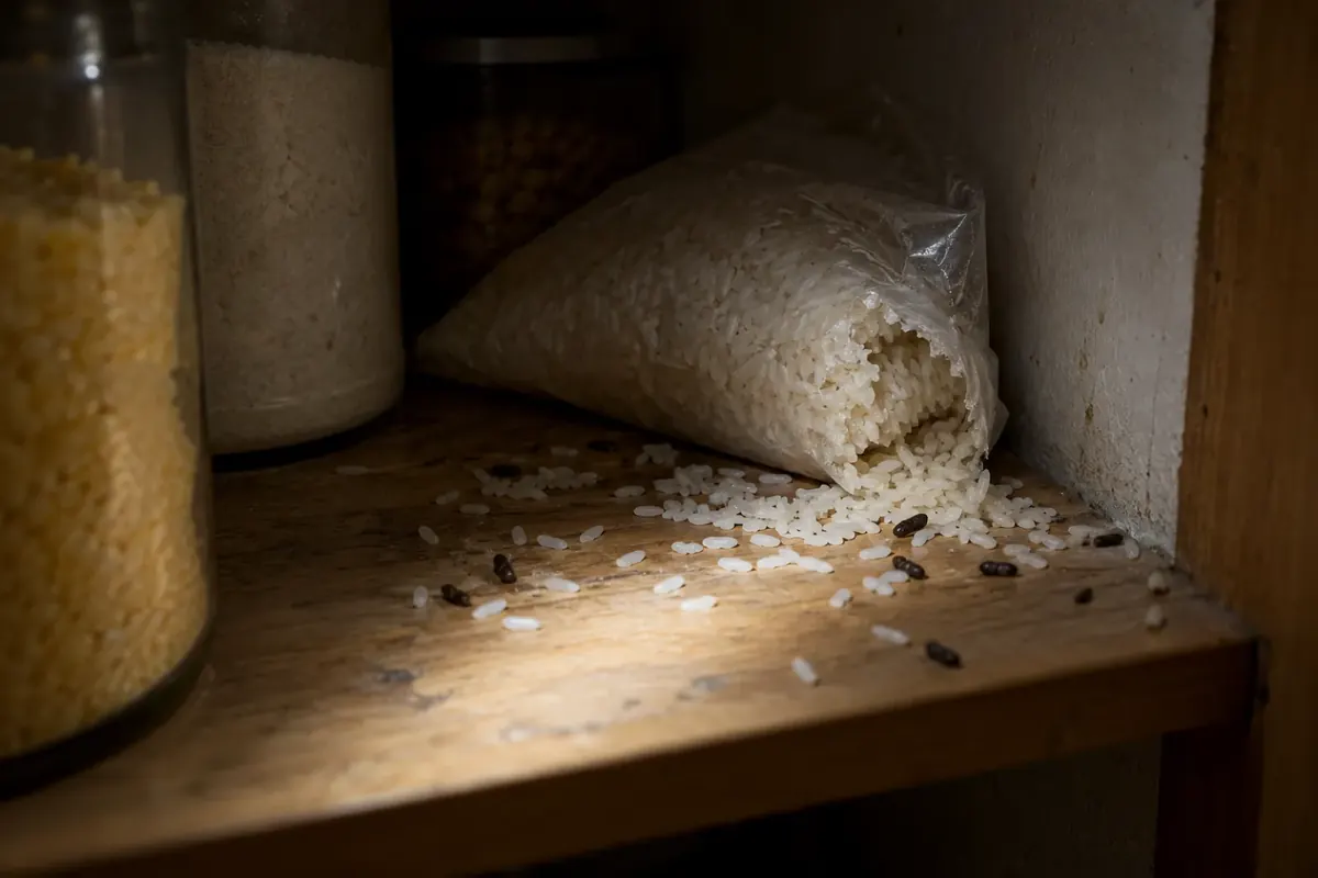 Saco de arroz roído e fezes de roedor na prateleira de uma despensa