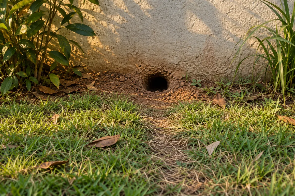 Toca de ratazana na terra junto ao muro do quintal, com terra solta na entrada