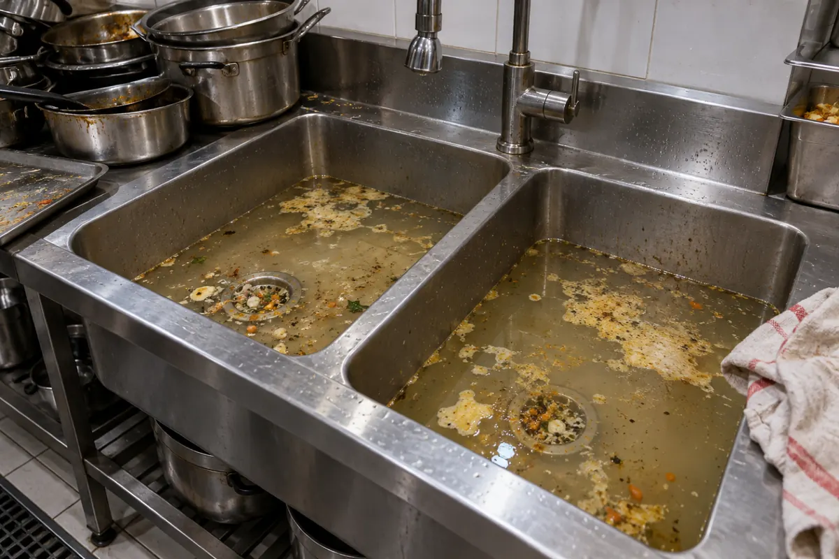 Cuba de inox de cozinha industrial com água parada, gordura boiando e restos de comida no ralo