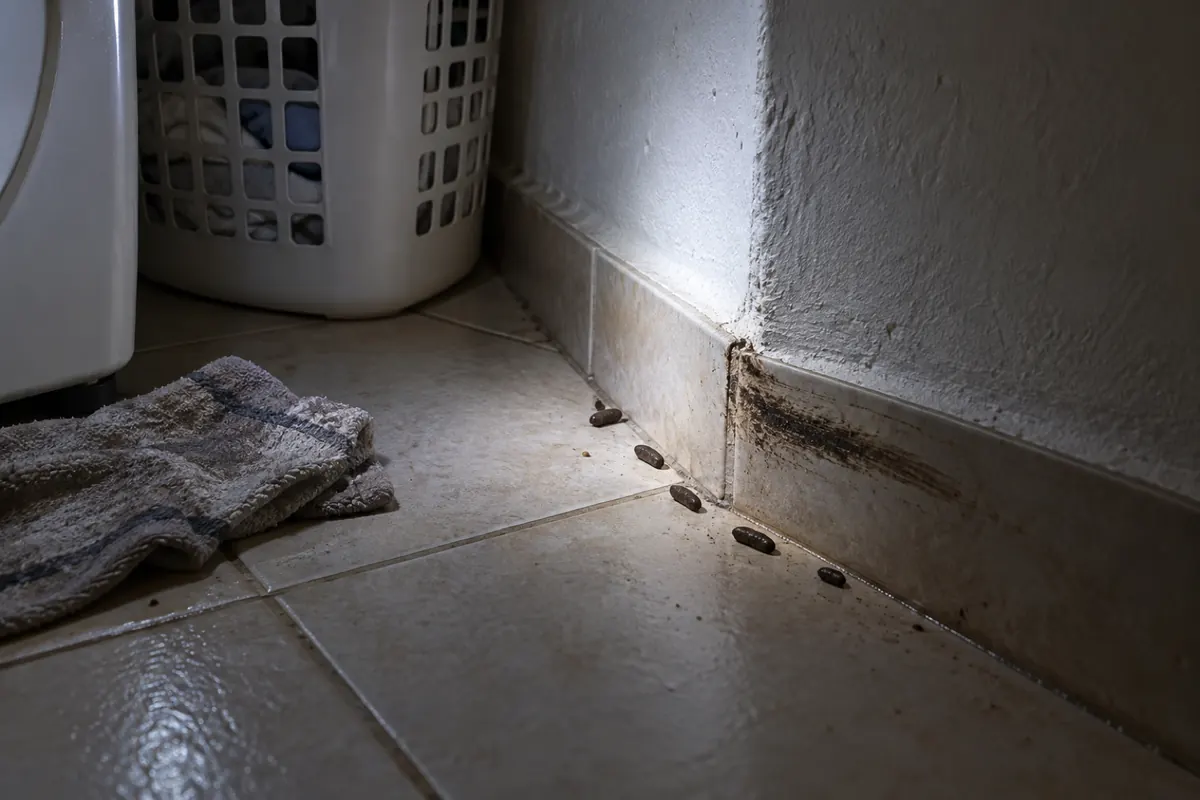 Fezes de rato ao longo do rodapé e mancha escura de gordura na parede de uma área de serviço