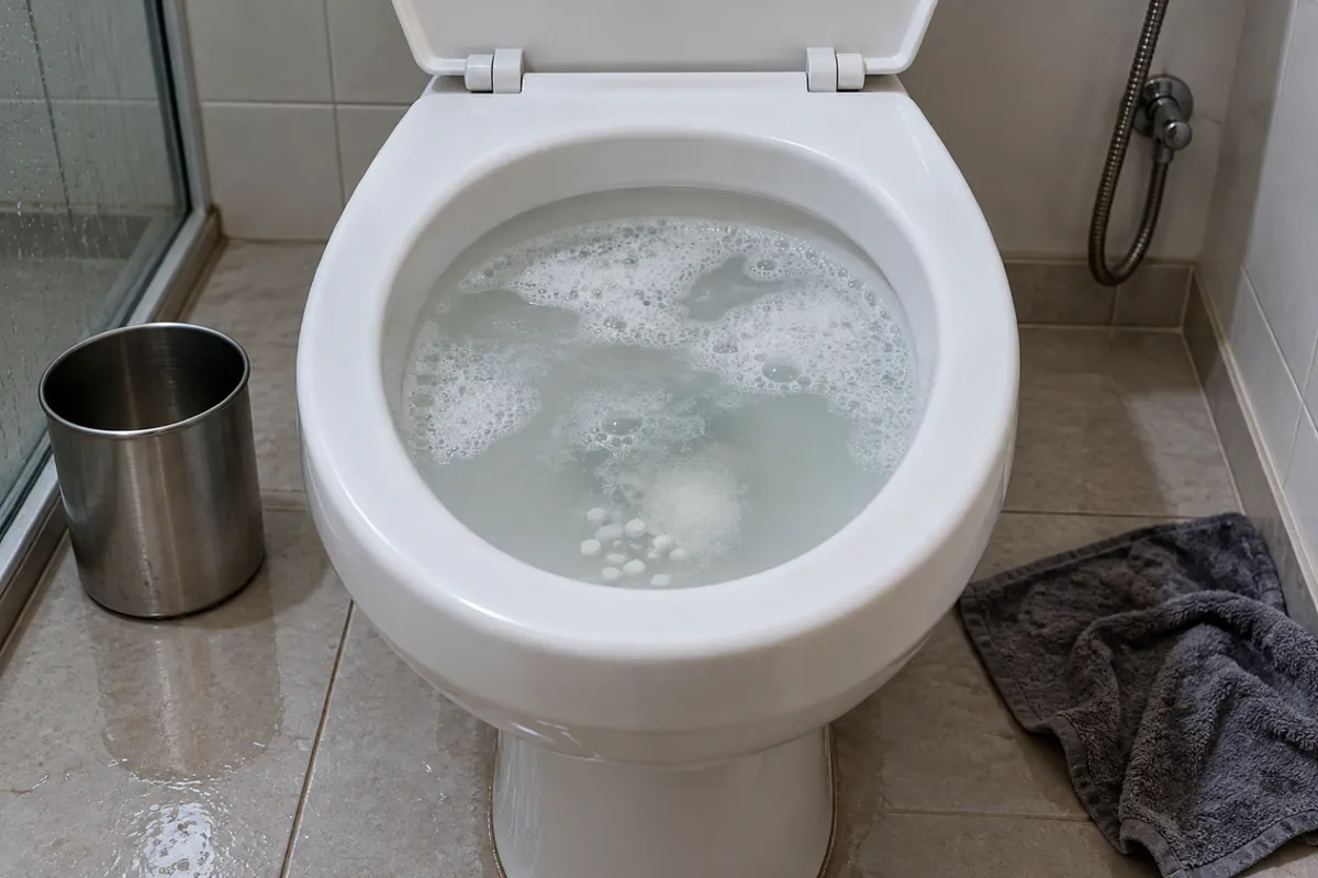 Vaso sanitário com água parada e turva, espuma branca na superfície e uma lata de produto no chão