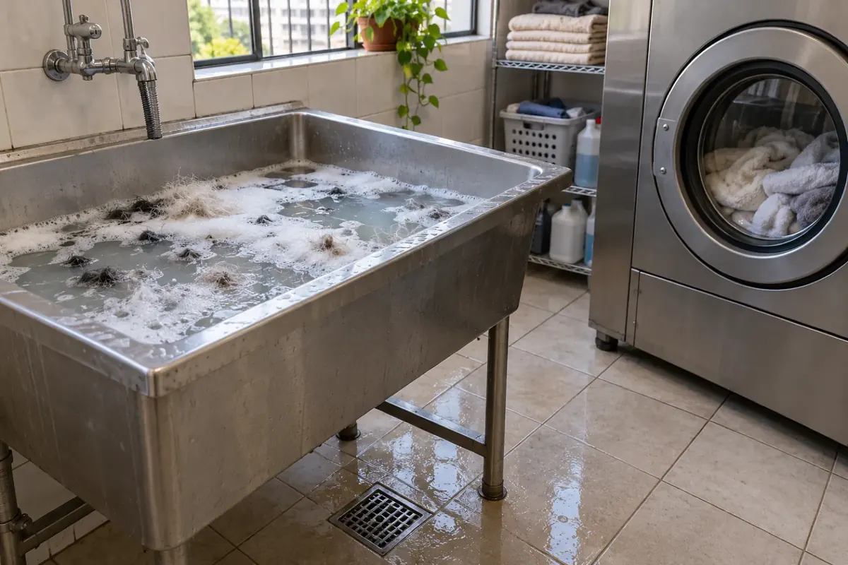 Tanque de inox de uma lavanderia com água parada, espuma e fiapos, ao lado da máquina de lavar industrial
