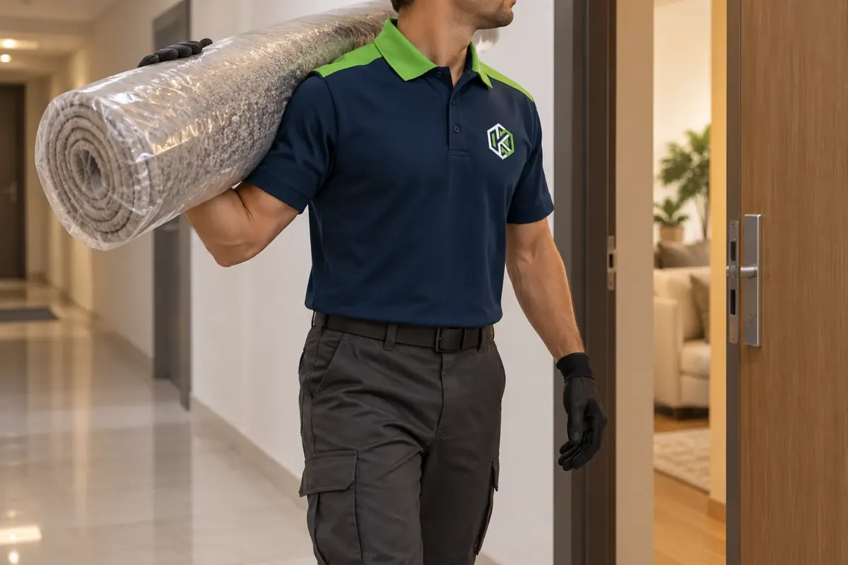 Profissional de uniforme entregando um tapete limpo, enrolado e embalado, na porta de um apartamento