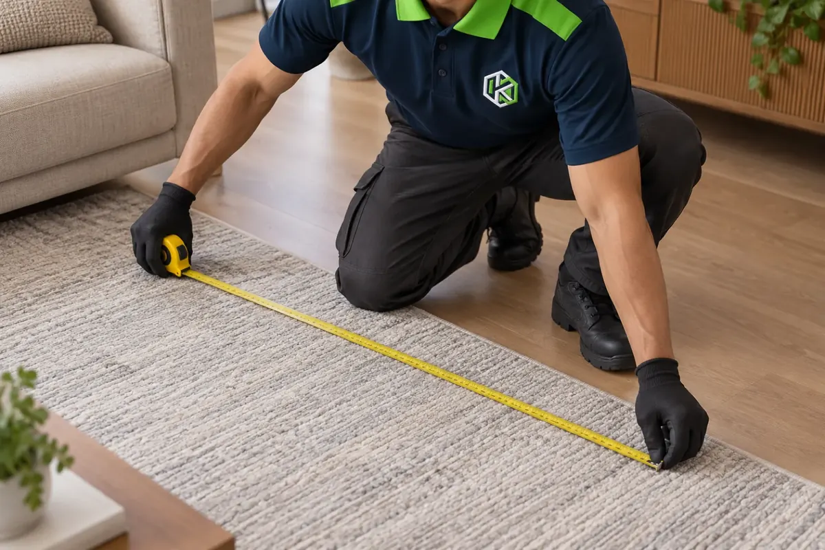 Profissional de uniforme medindo com trena o comprimento de um tapete grande