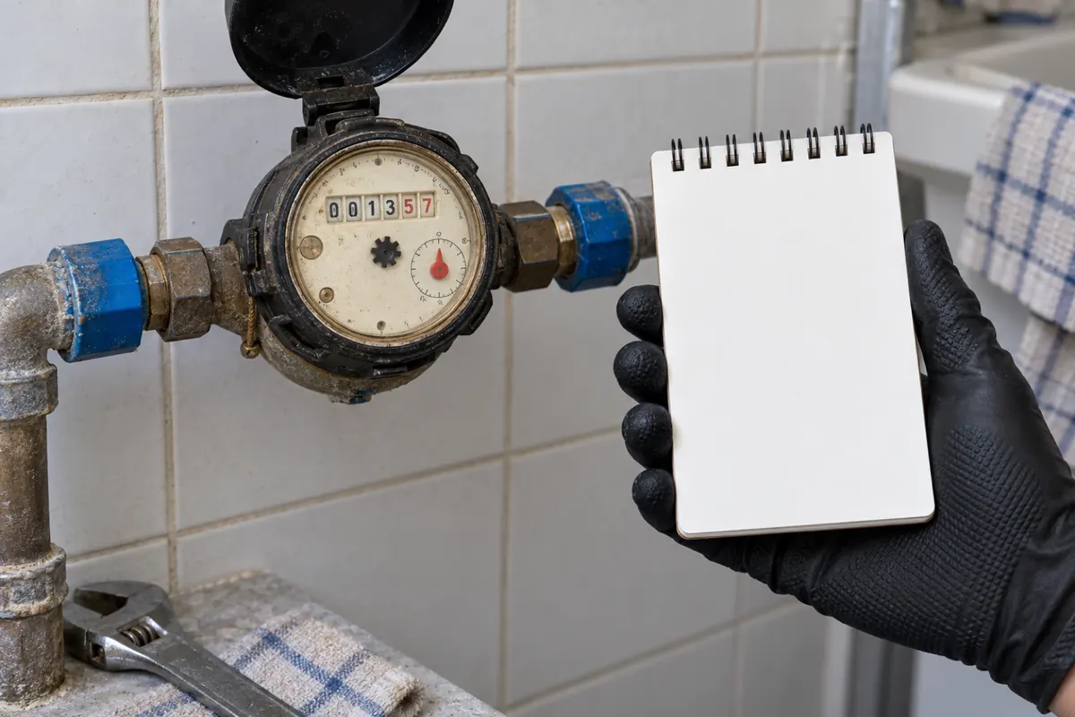 Hidrômetro de parede com o mostrador visível e a mão anotando os números num bloco