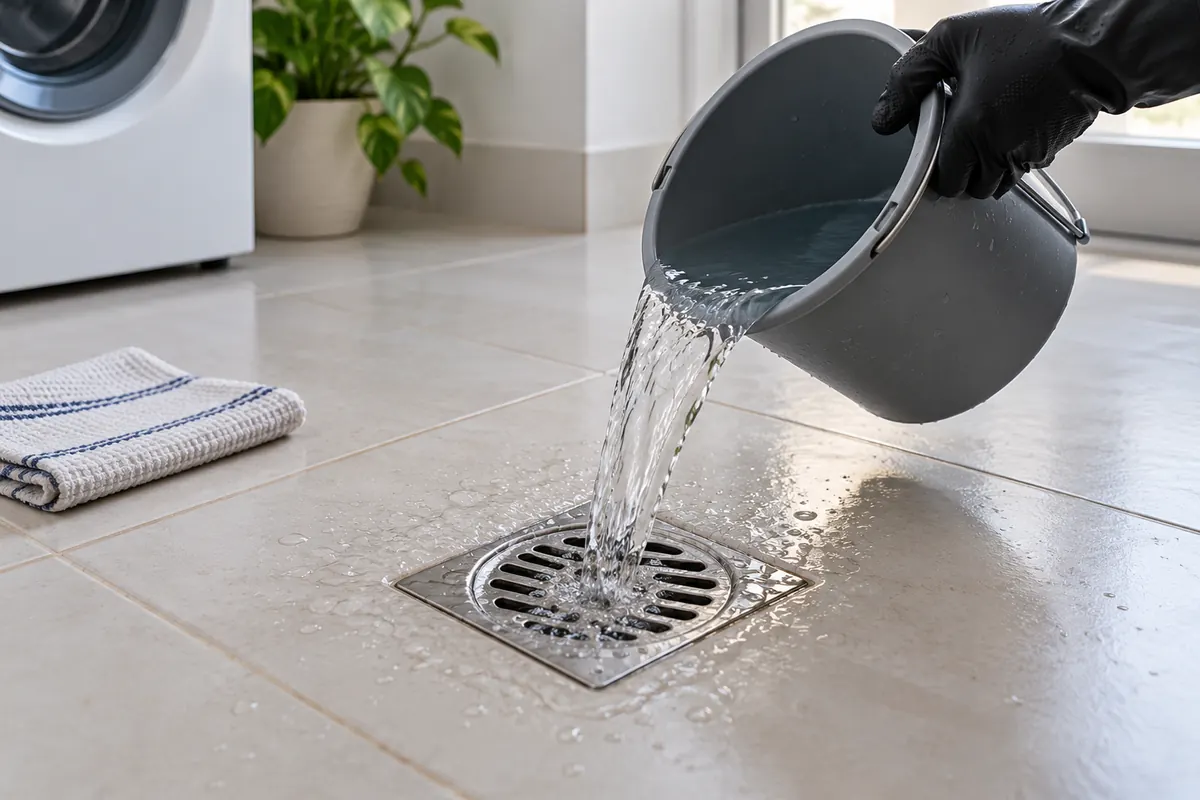 Mão de luva despejando um balde de água no ralo para manter o fecho de água