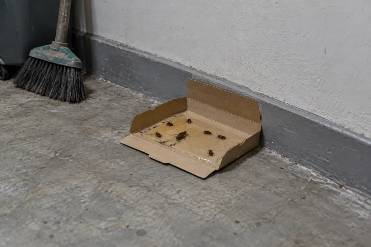 Armadilha adesiva no rodapé da casa de lixo do prédio com baratas presas na cola