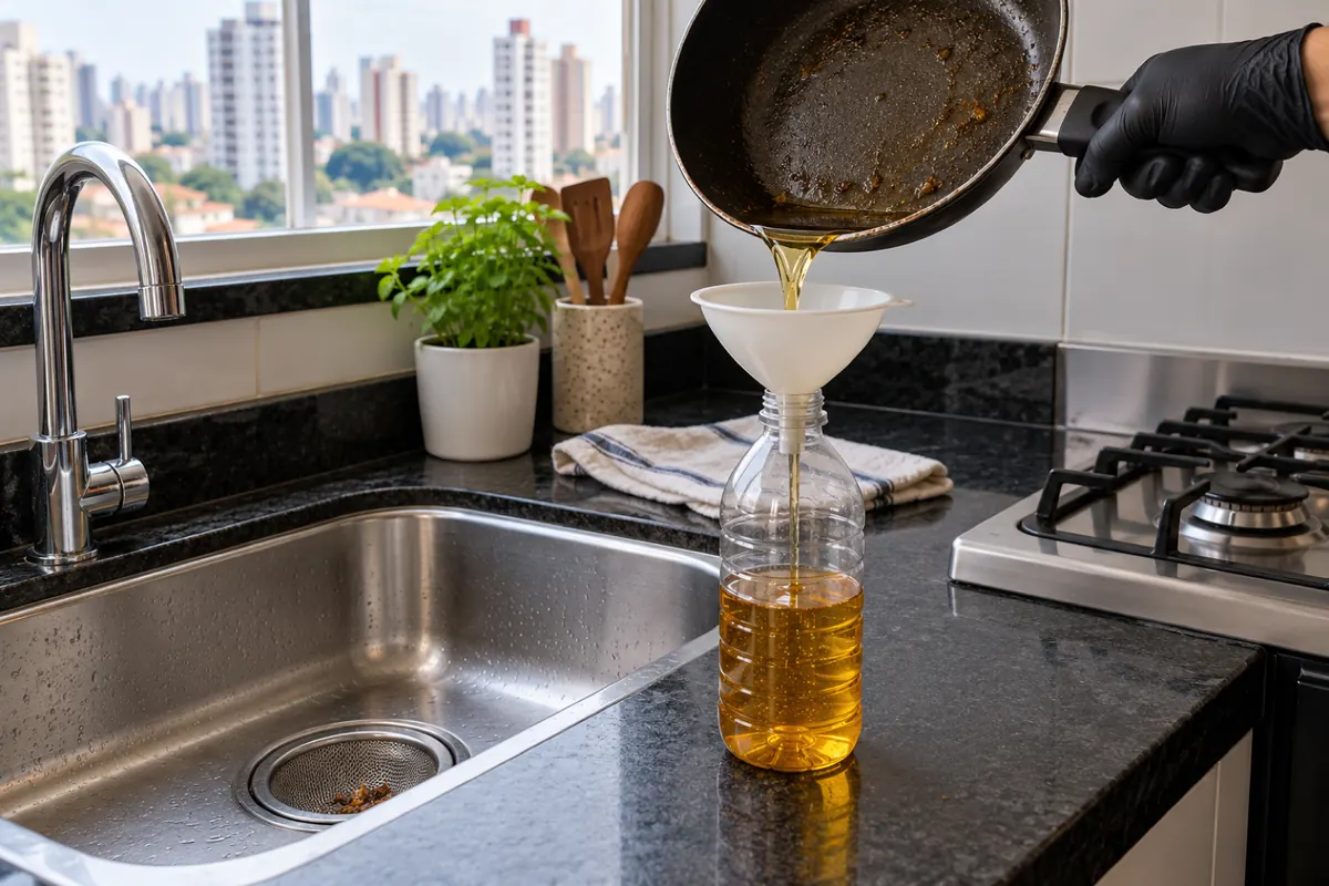 Óleo de cozinha frio sendo despejado numa garrafa PET com funil, com peneira no ralo da pia ao lado