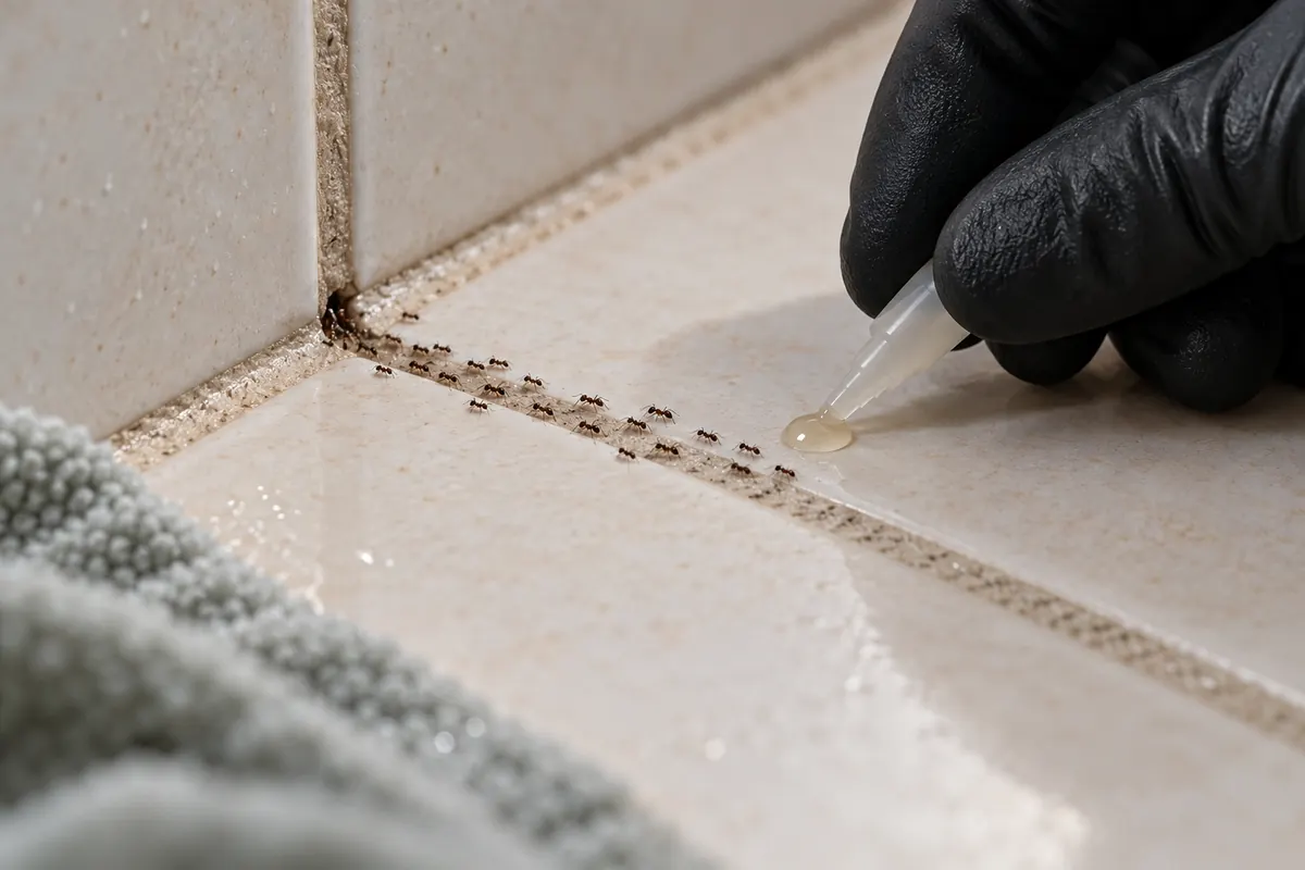 Mão de luva pondo isca em gel ao lado da trilha de formigas que sai do furo no azulejo