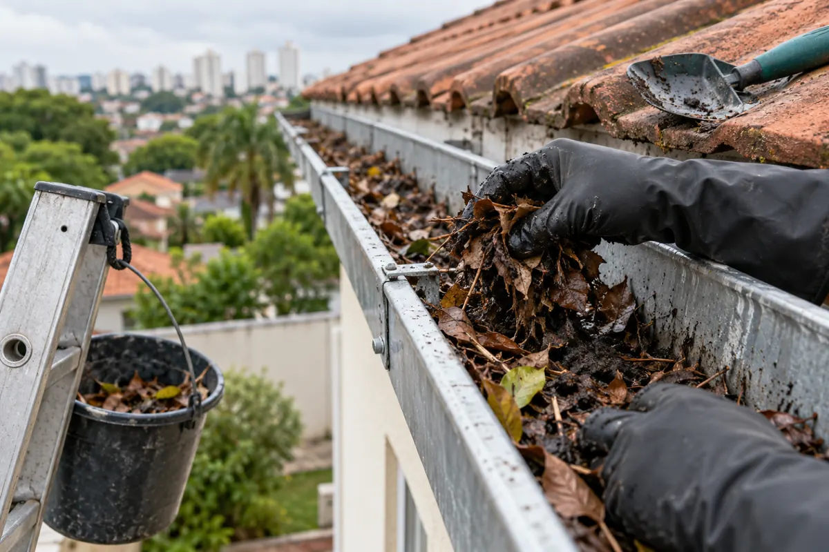 Mãos de luva tirando folhas e terra da calha do telhado em dia seco