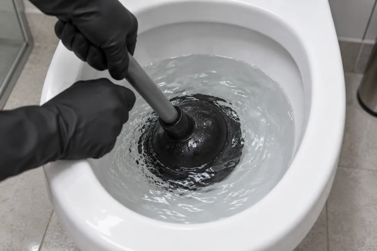 Desentupidor de borracha com aba encaixado no fundo do vaso, com a ventosa coberta de água