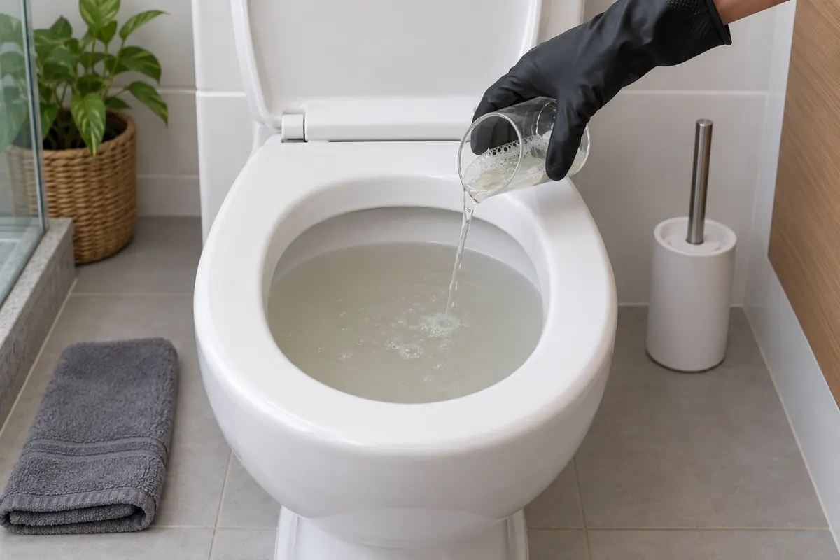 Mão de luva despejando meio copo de detergente na água parada do vaso entupido