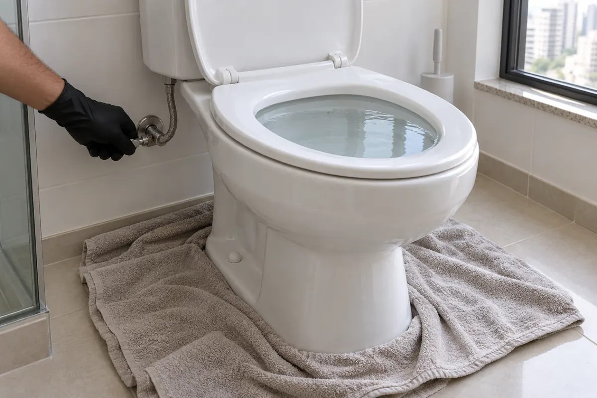 Mão de luva fechando o registro atrás do vaso cheio de água, com pano forrando o piso