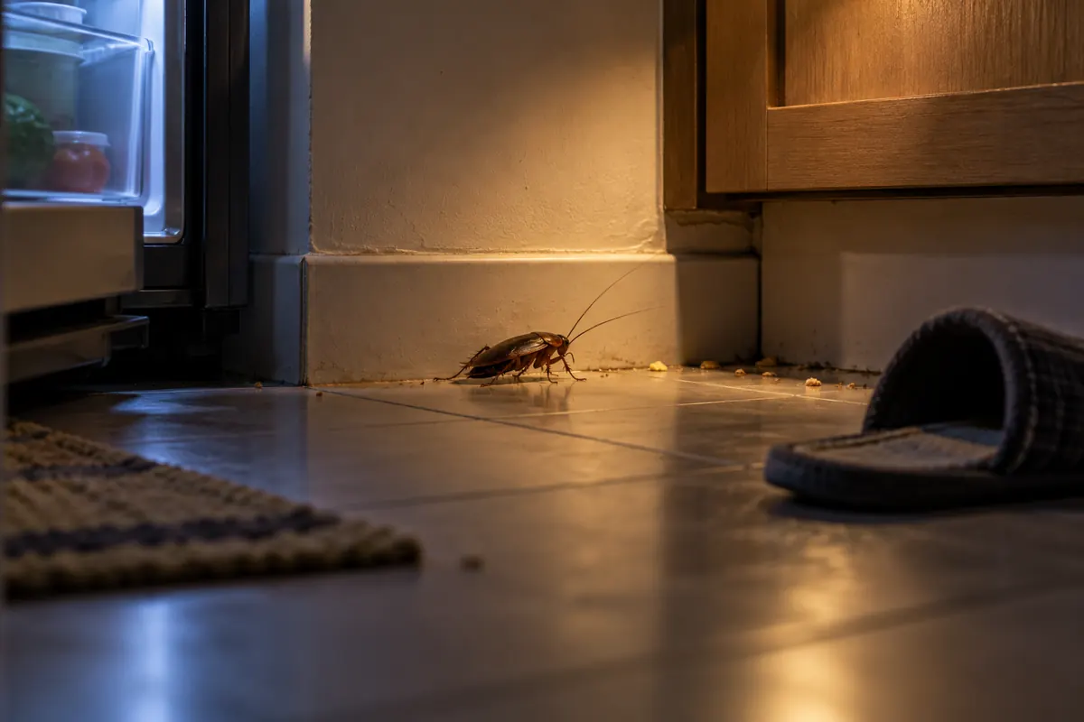 Barata passando pelo rodapé de uma cozinha à noite