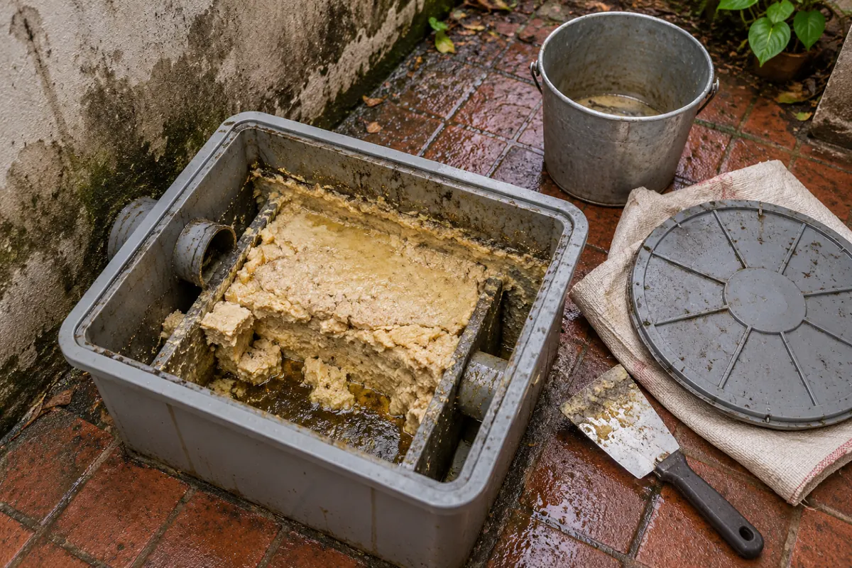 Caixa de gordura aberta, com a camada de gordura solidificada à vista