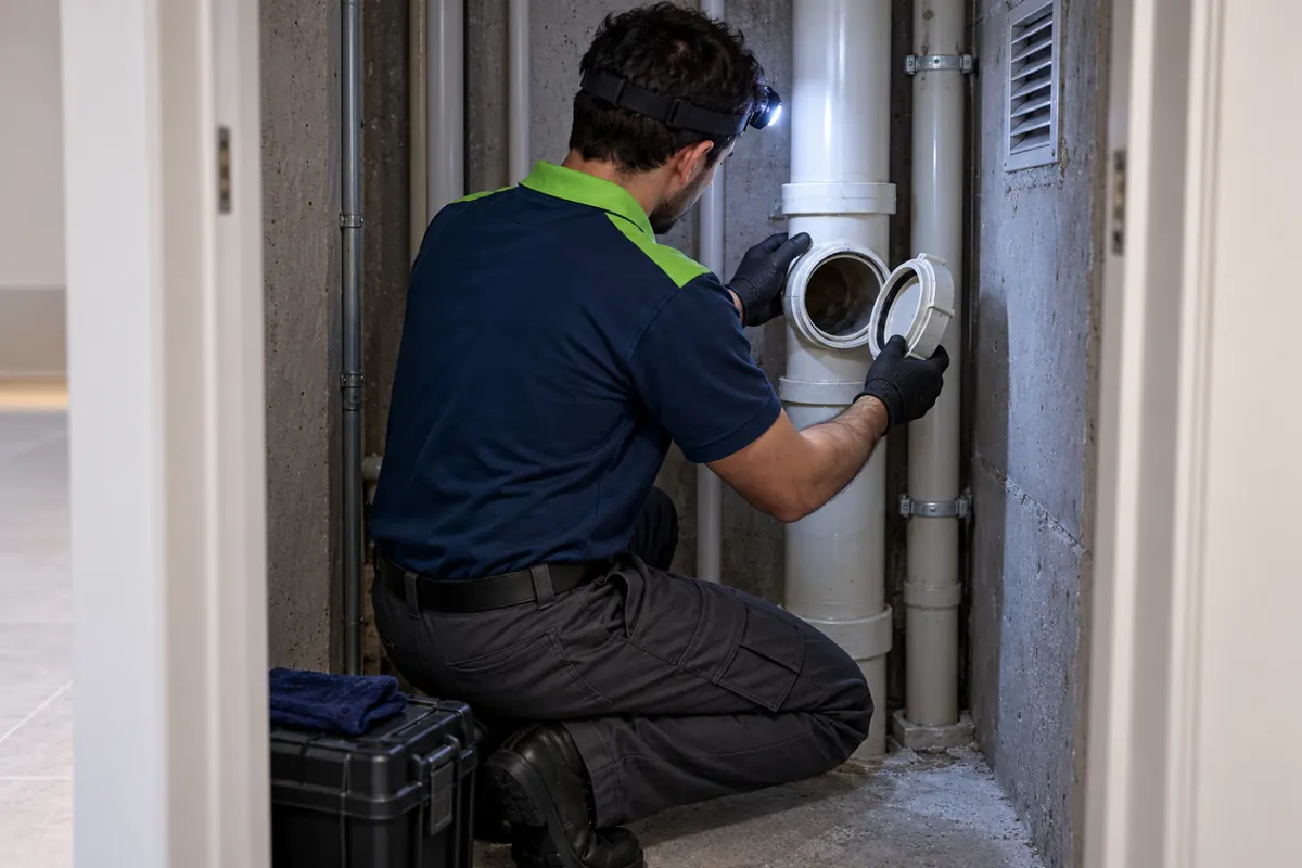 Técnico abrindo a inspeção do tubo de queda no shaft de um prédio