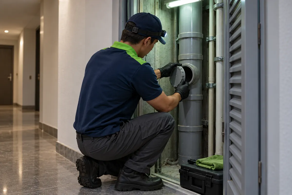 Técnico abrindo a inspeção do tubo de queda no shaft de um prédio