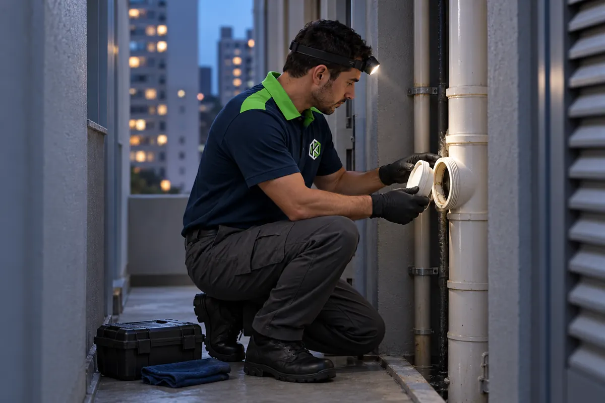 Técnico abrindo a inspeção do tubo de queda no shaft de um prédio