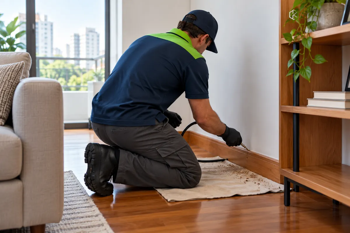 Técnico aplicando produto contra cupim no rodapé de madeira