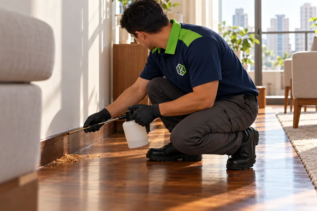 Técnico aplicando produto contra cupim no rodapé de madeira