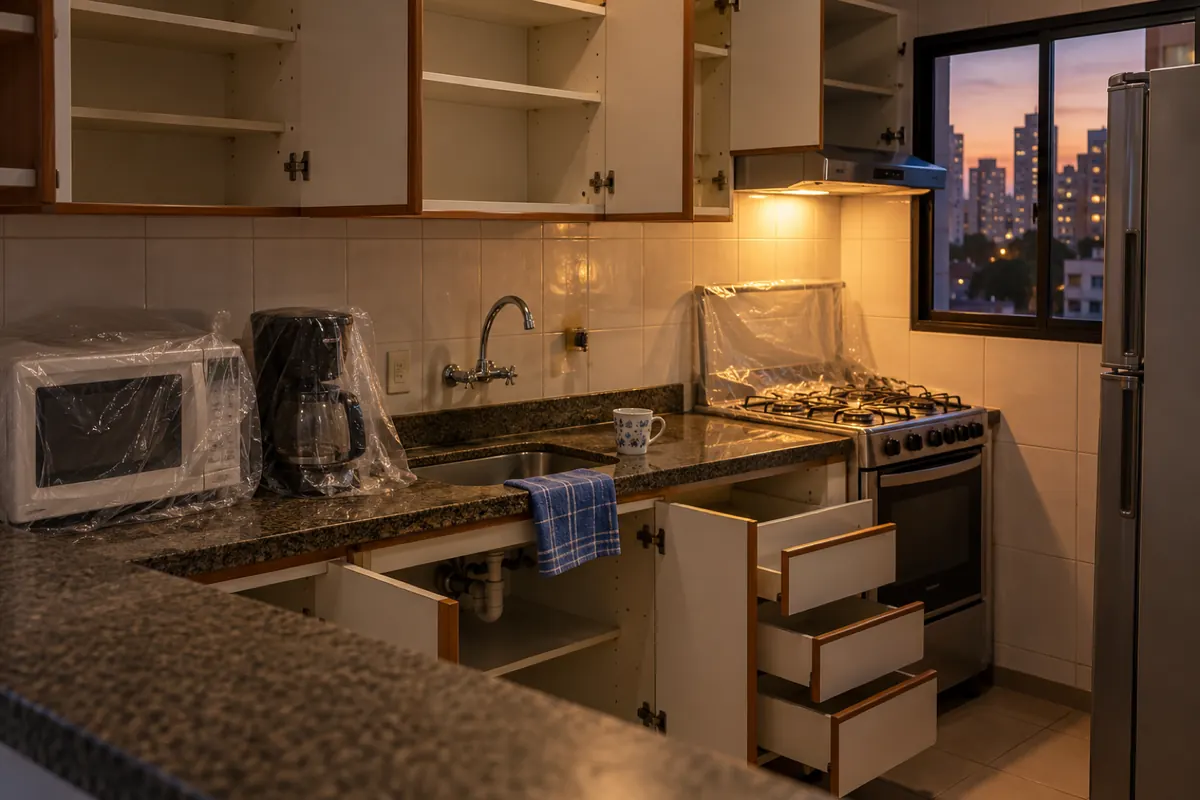 Cozinha com o micro-ondas e a cafeteira cobertos por plástico e os armários abertos para a dedetização