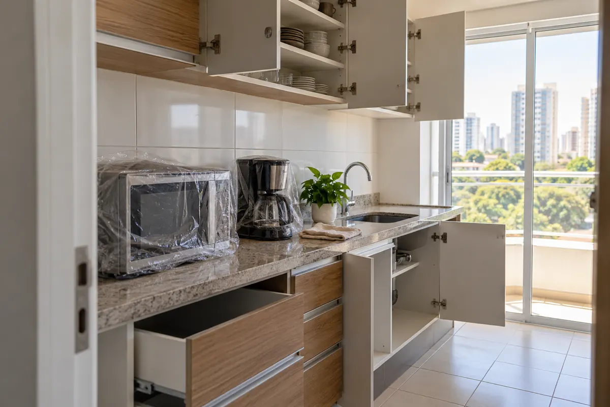Cozinha com o micro-ondas e a cafeteira cobertos por plástico e os armários abertos para a dedetização