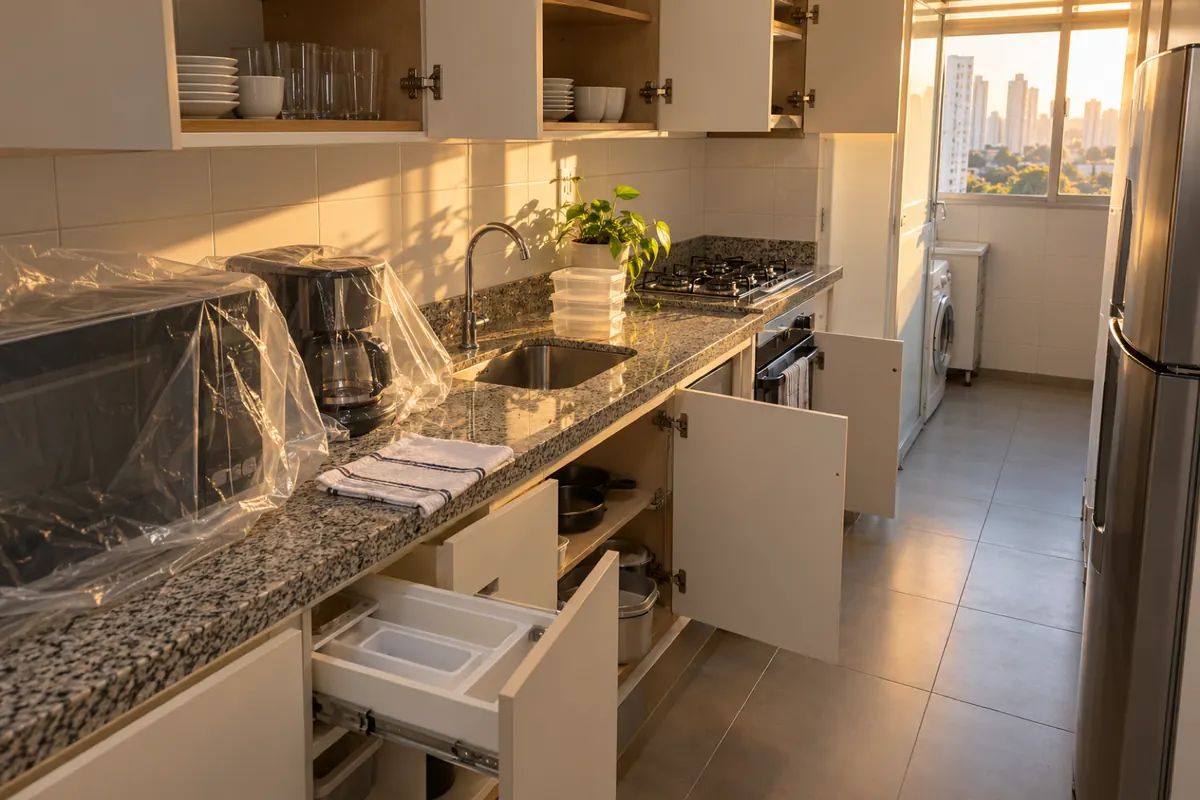 Cozinha com o micro-ondas e a cafeteira cobertos por plástico e os armários abertos para a dedetização