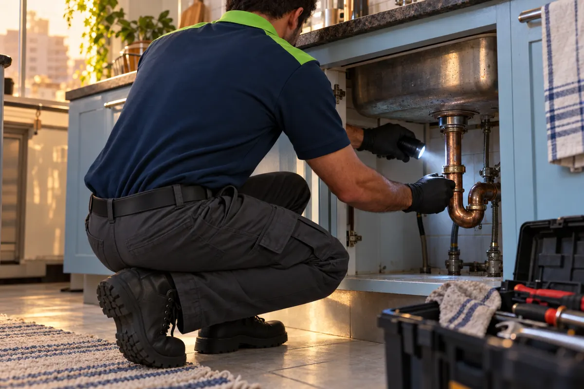 Técnico de uniforme conferindo com lanterna o sifão embaixo da pia, com a caixa de ferramentas aberta
