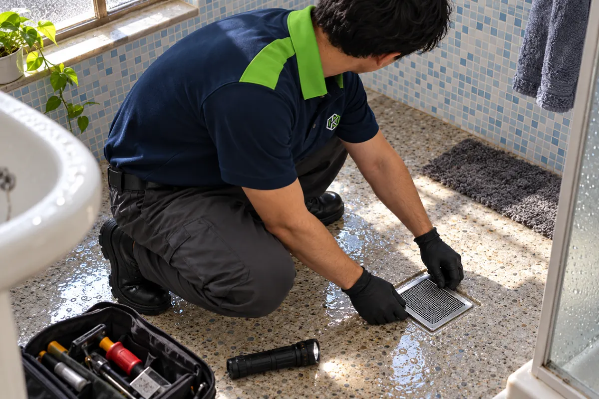 Técnico instalando tela de proteção no ralo do banheiro