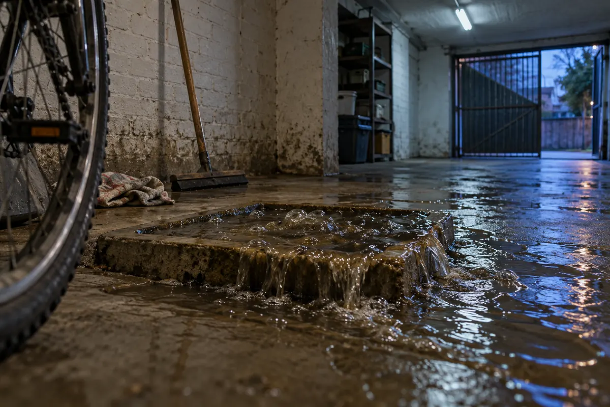 Caixa de esgoto transbordando no piso da garagem