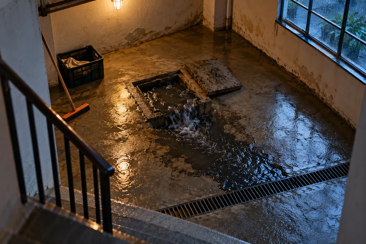 Caixa de esgoto transbordando no piso da garagem