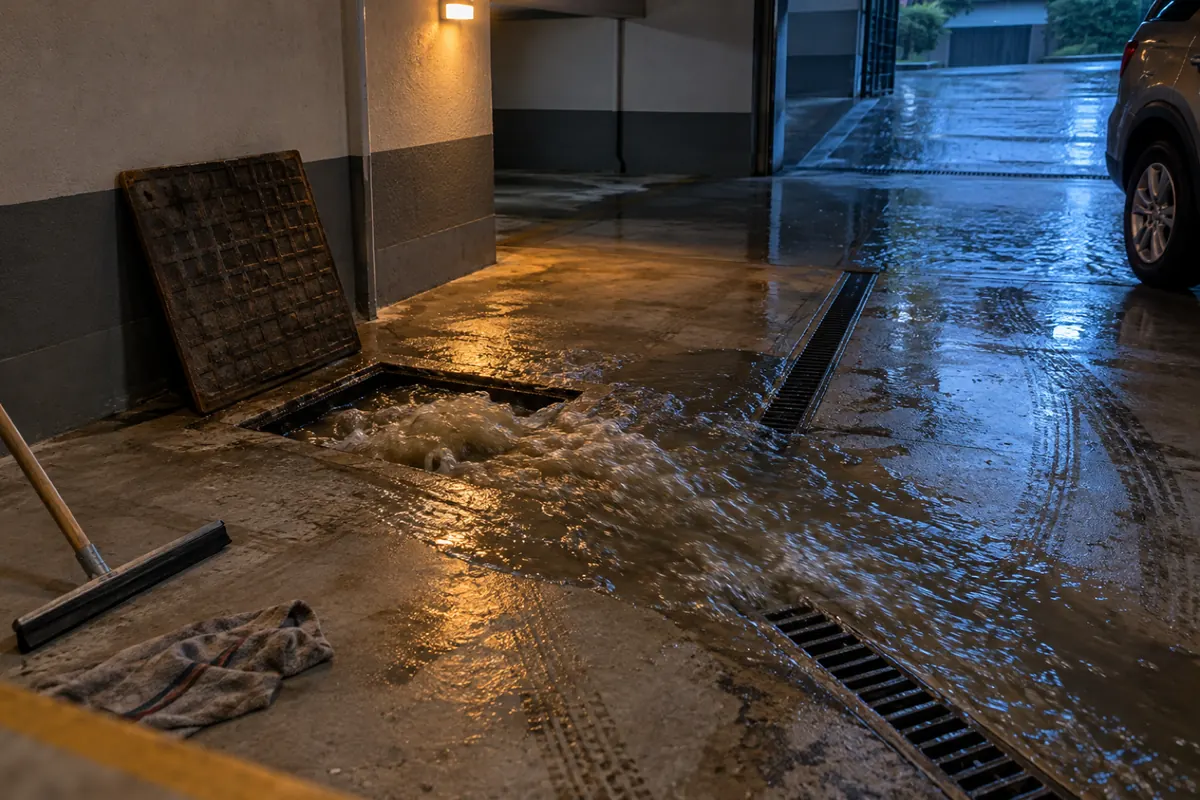 Caixa de esgoto transbordando no piso da garagem