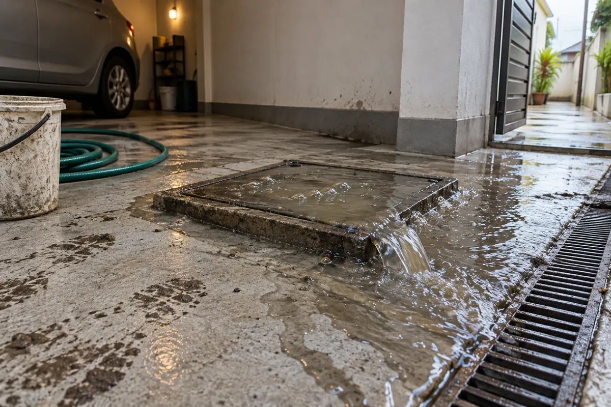 Caixa de esgoto transbordando no piso da garagem