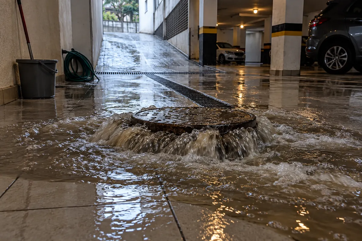 Caixa de esgoto transbordando no piso da garagem