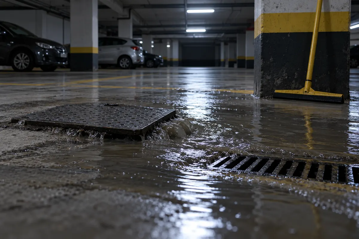 Caixa de esgoto transbordando no piso da garagem