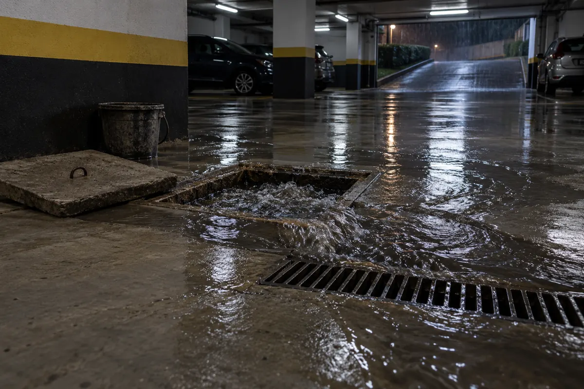 Caixa de esgoto transbordando no piso da garagem