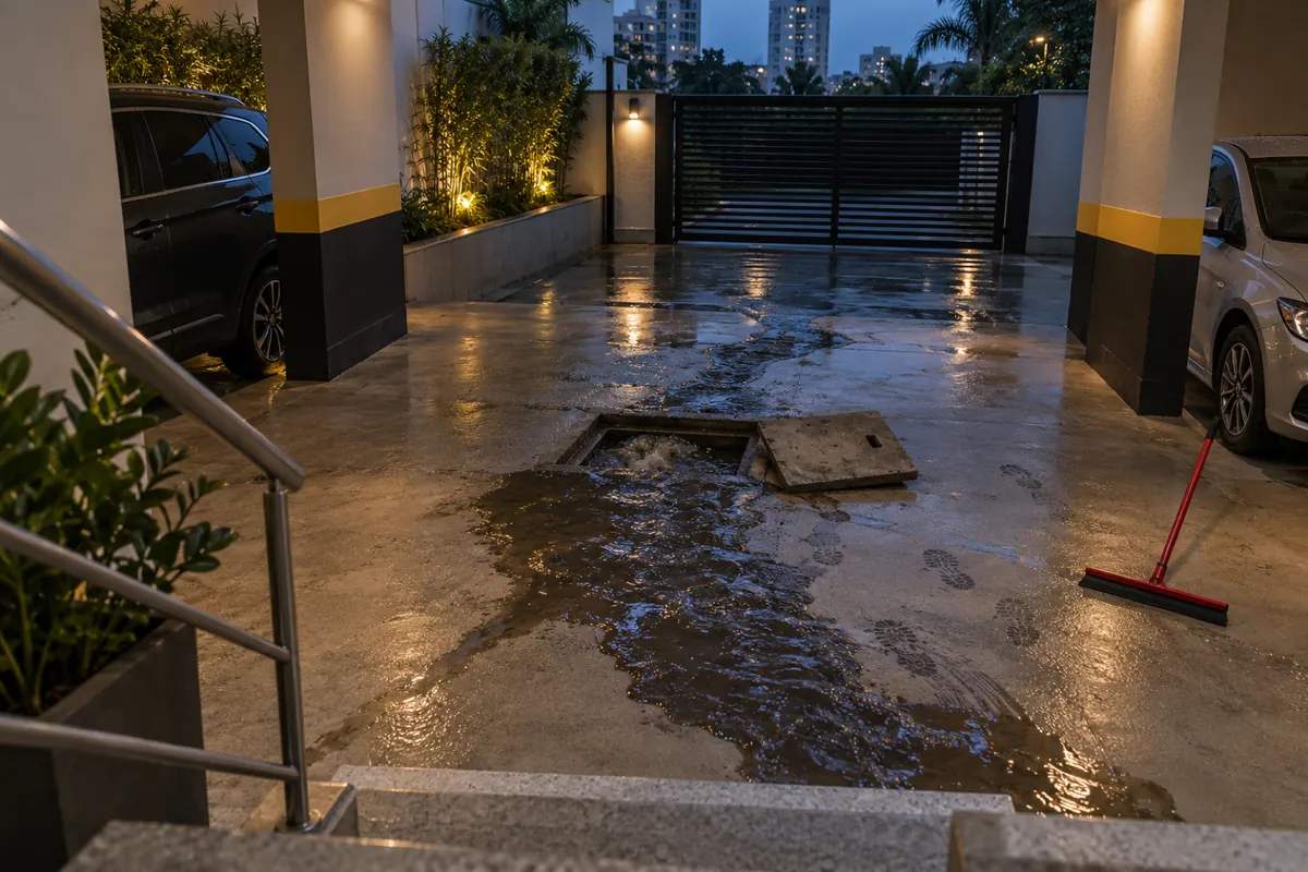 Caixa de esgoto transbordando no piso da garagem