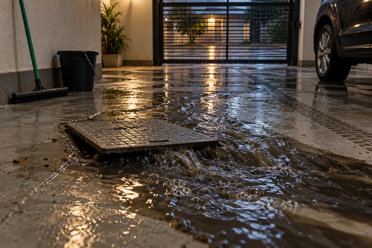 Caixa de esgoto transbordando no piso da garagem