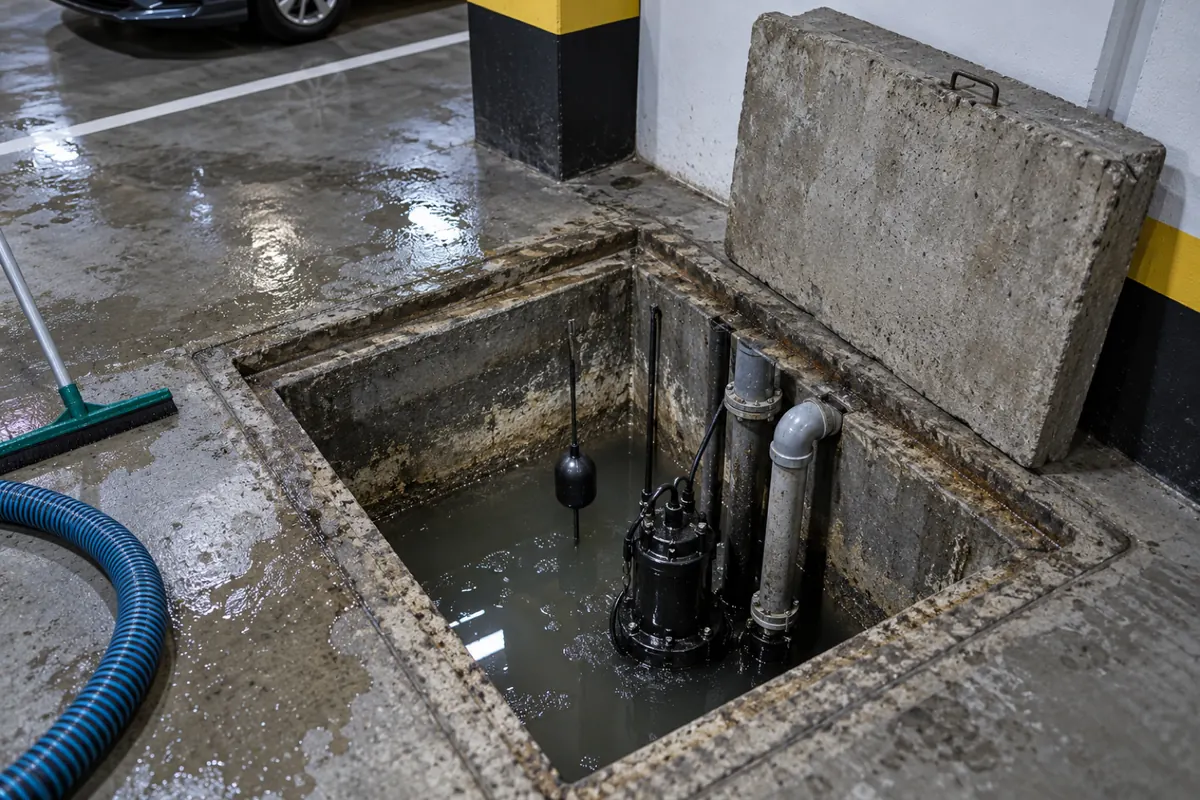 Poço de recalque de esgoto aberto na garagem do subsolo de um prédio