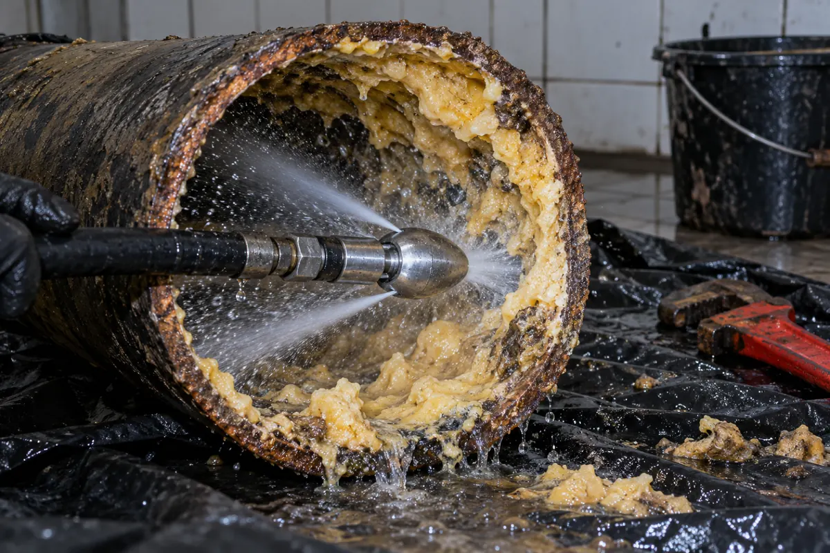 Bico de hidrojateamento soltando a crosta de gordura de dentro do cano