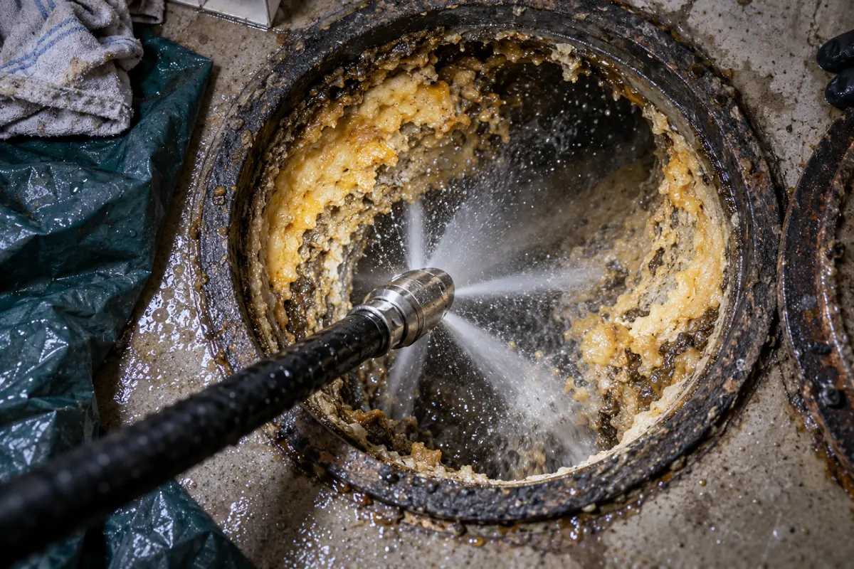 Bico de hidrojateamento soltando a crosta de gordura de dentro do cano