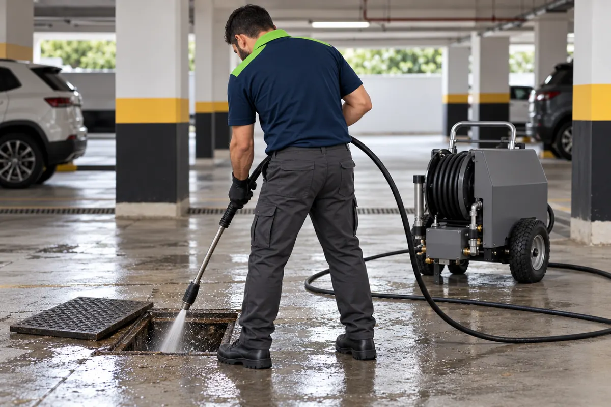 Técnico com a mangueira de hidrojateamento entrando numa caixa de inspeção