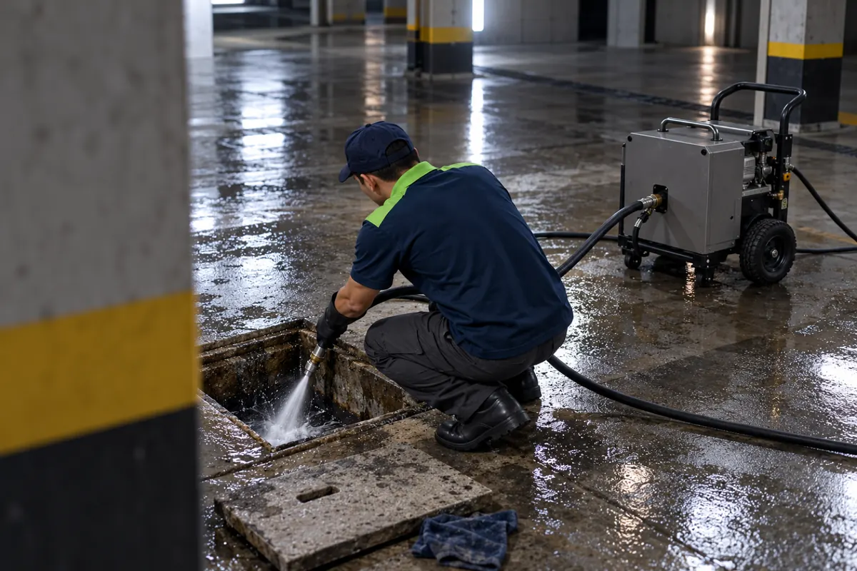 Técnico com a mangueira de hidrojateamento entrando numa caixa de inspeção
