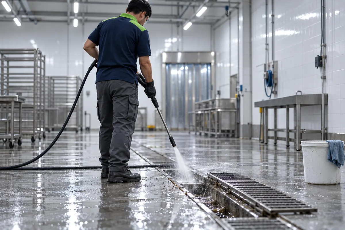 Técnico de uniforme hidrojateando a canaleta do piso de um galpão industrial