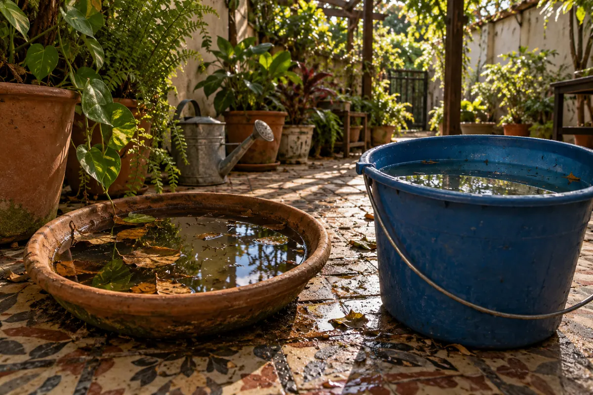 Prato de vaso e balde com água parada no quintal, focos de mosquito