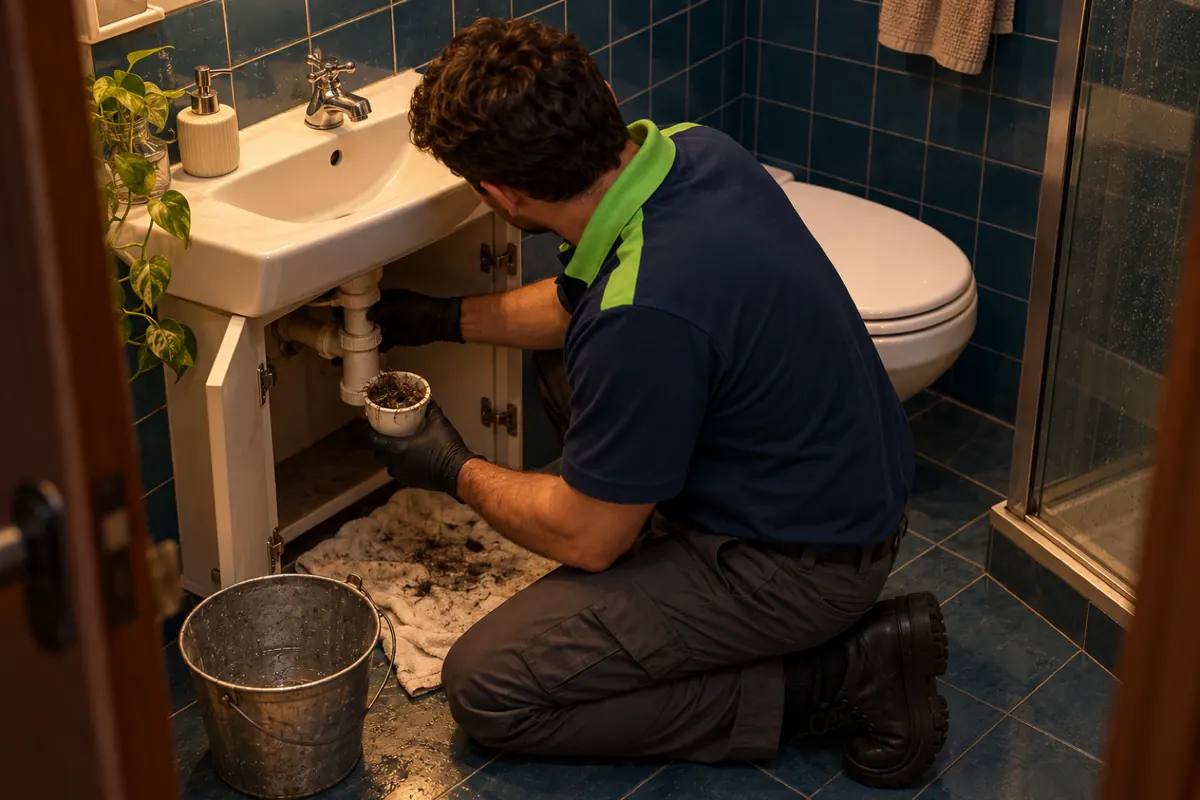 Técnico abrindo o sifão de copo da pia do banheiro, com cabelo acumulado dentro
