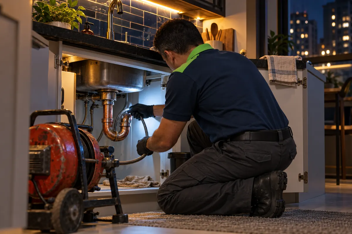Técnico passando o cabo da máquina de mola no cano da pia de cozinha