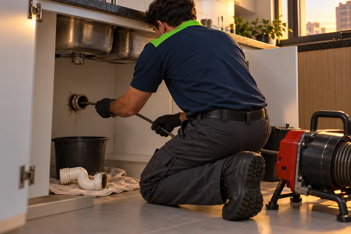Técnico passando o cabo da máquina de mola no cano da pia de cozinha