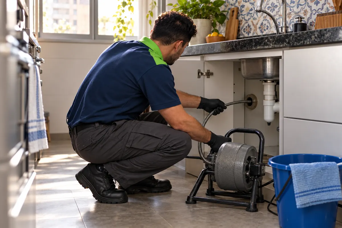 Técnico passando o cabo da máquina de mola no cano da pia de cozinha
